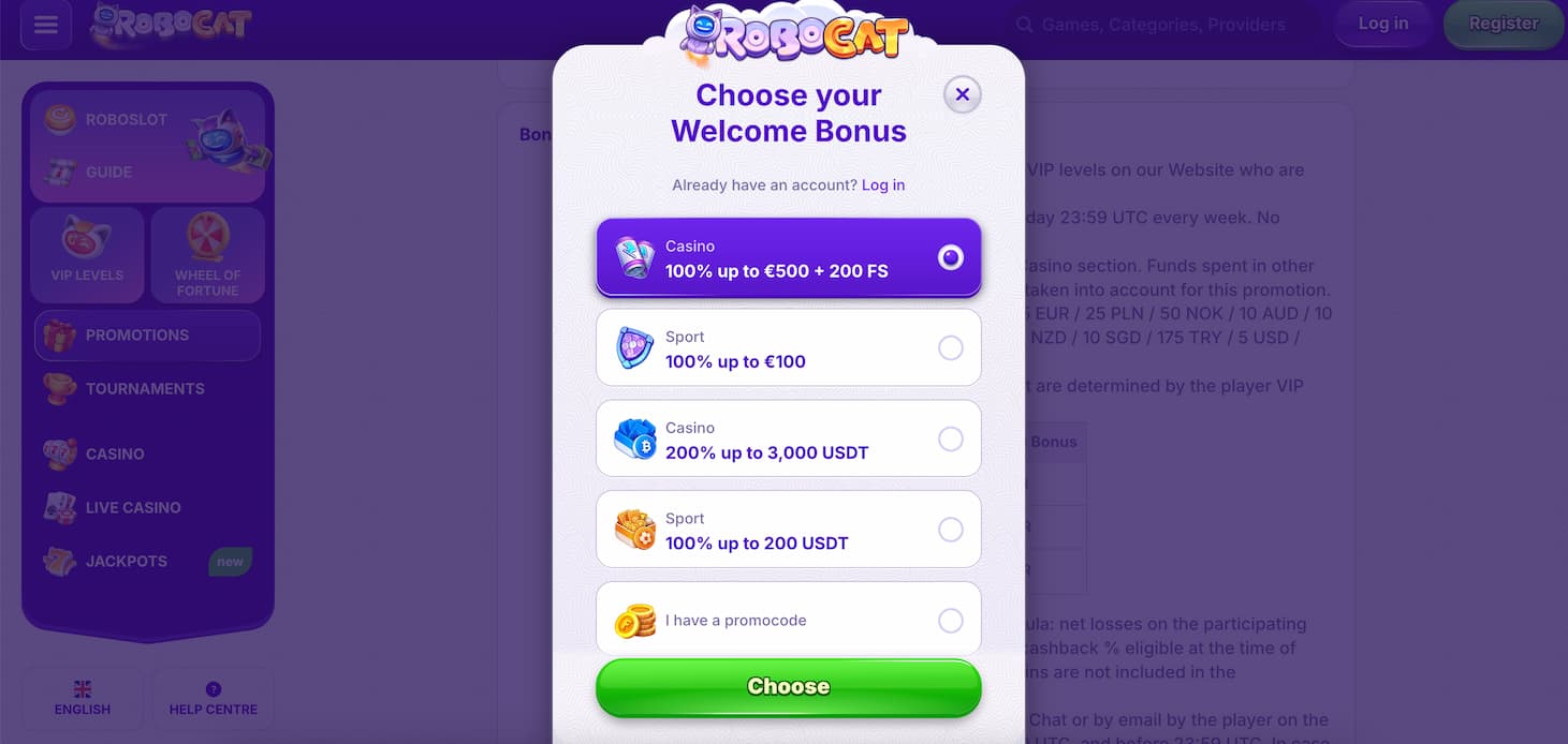 robocat casino registration step 1