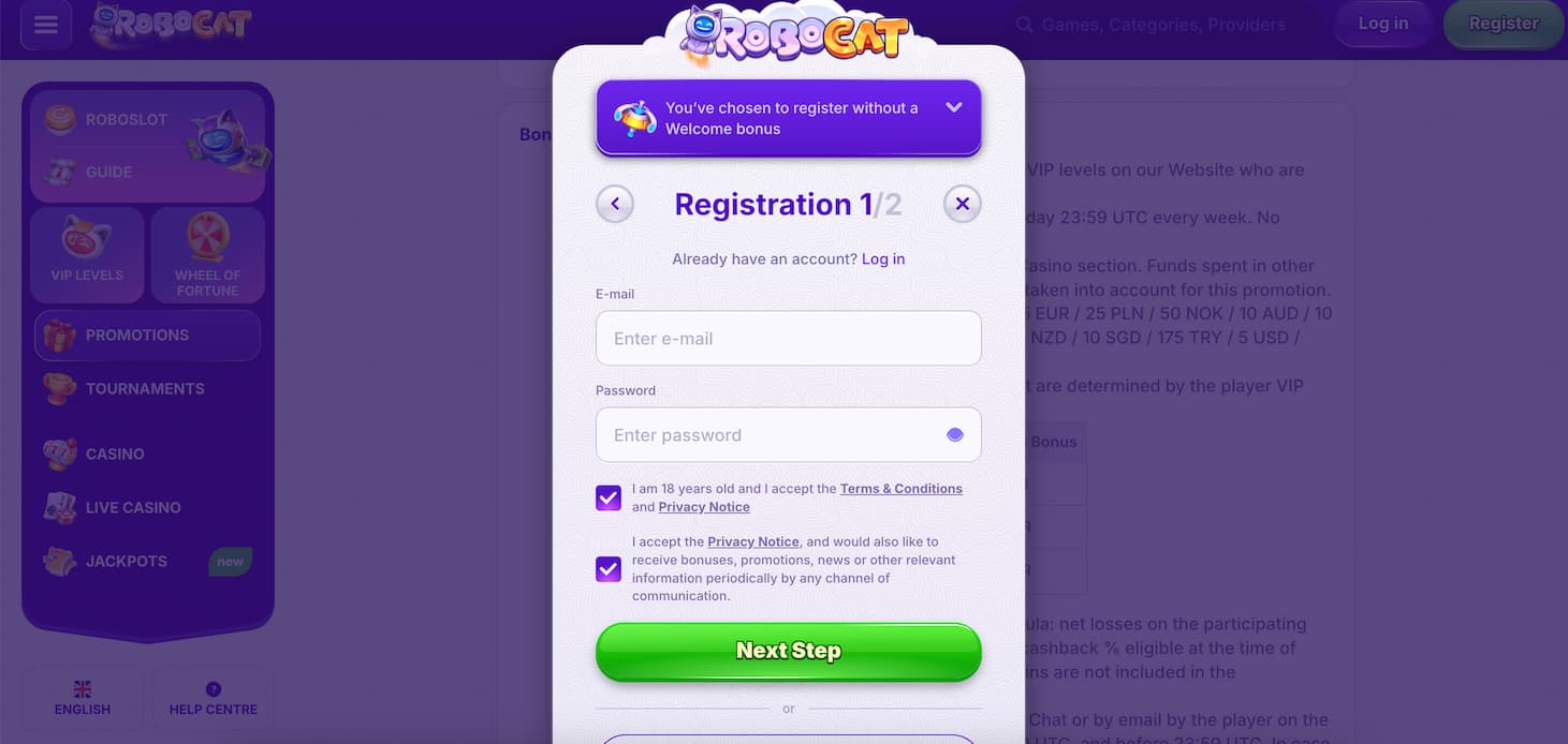 robocat casino registration step 2