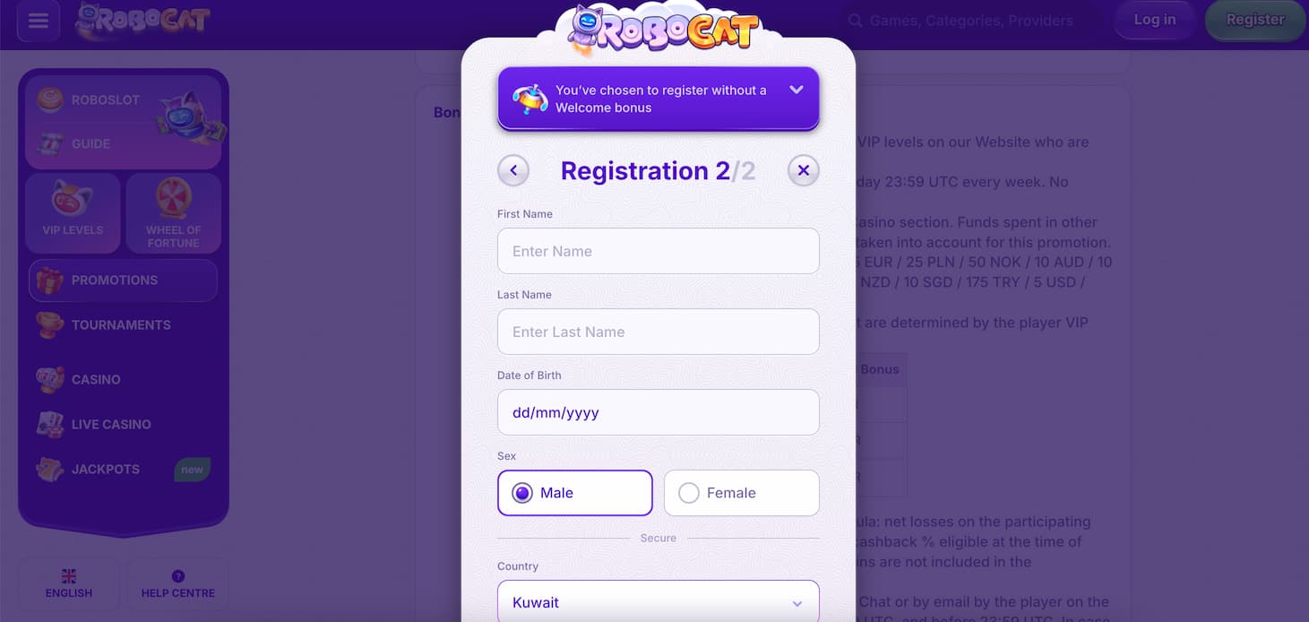 robocat casino registration step 3