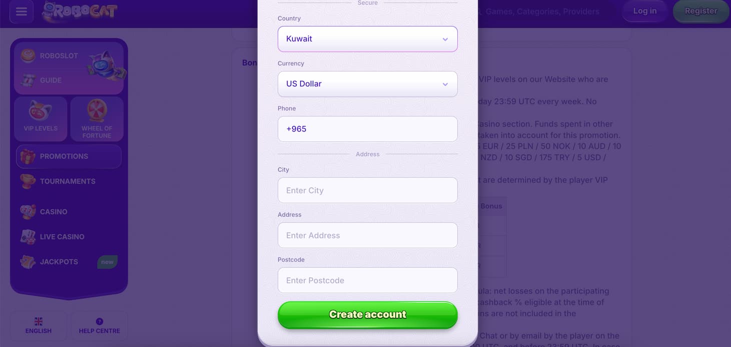 robocat casino registration step 4